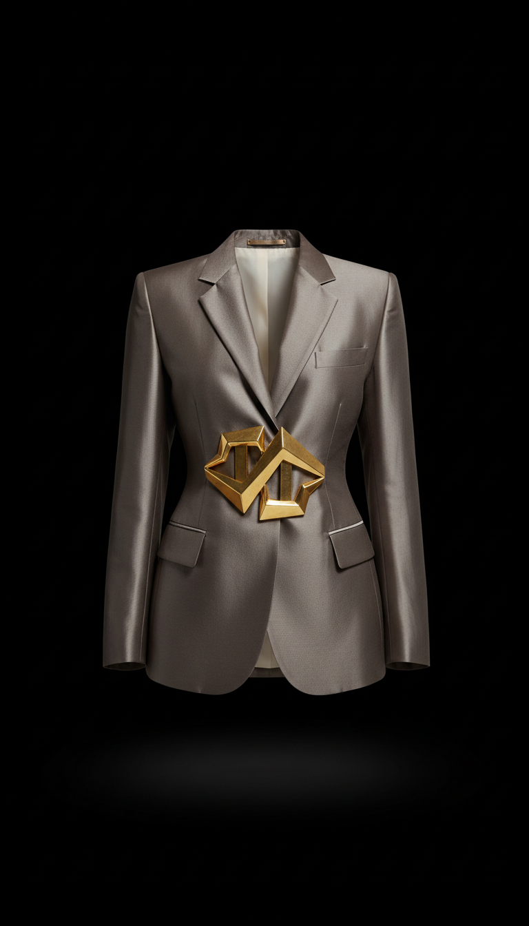 Ashen Silk Editorial Blazer with Geometric Gold Closure
