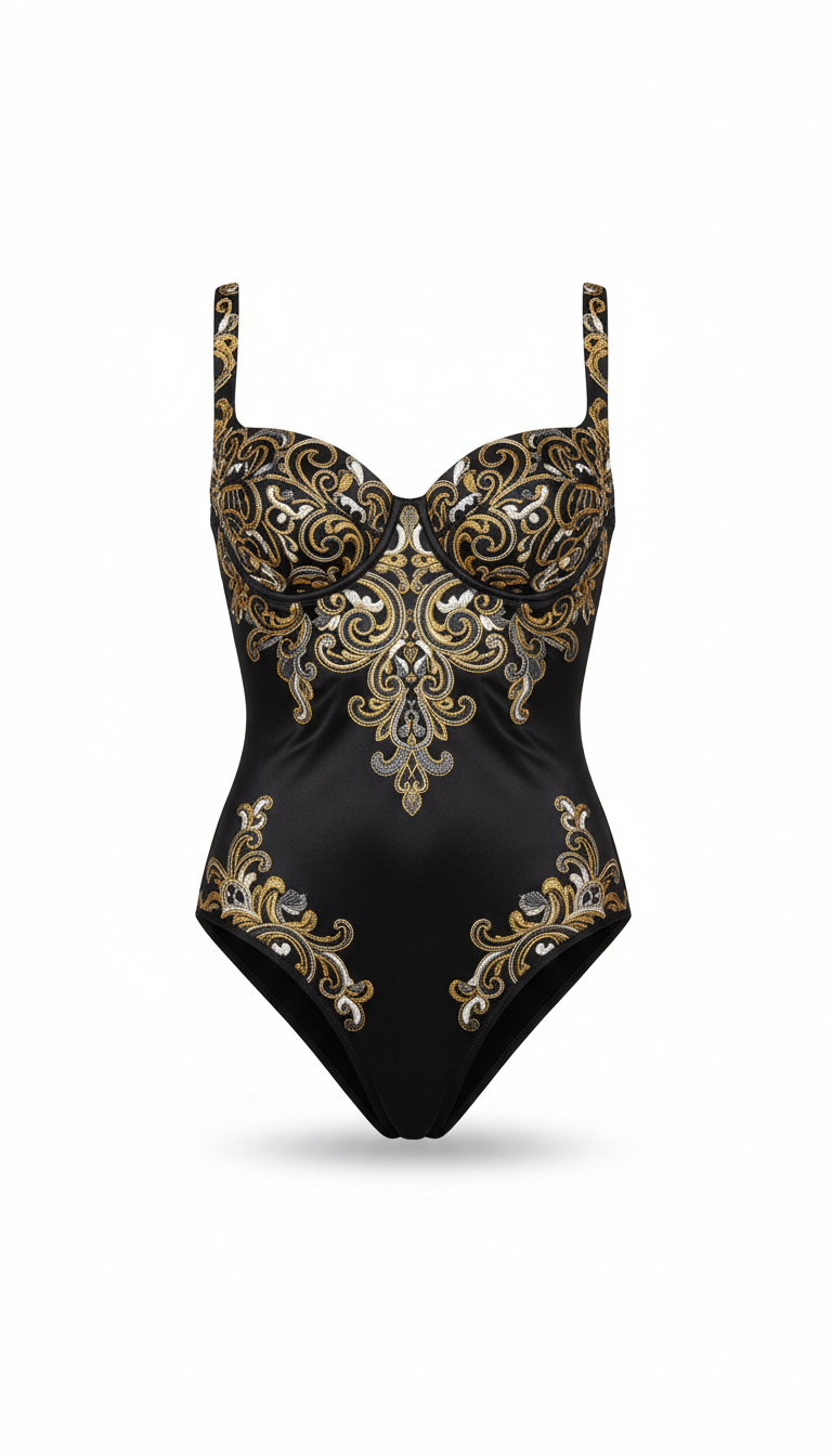 Gold-Detailed Silk Swim Bodysuit