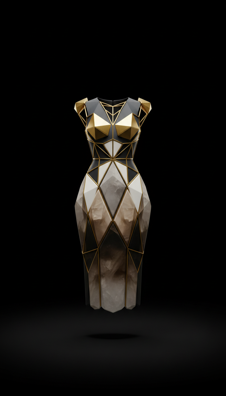 Smoky Quartz Sculptural Dress with Gold Accents