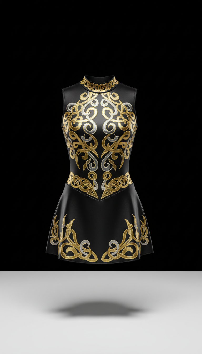 Black Satin Dance Costume with Gold Applique